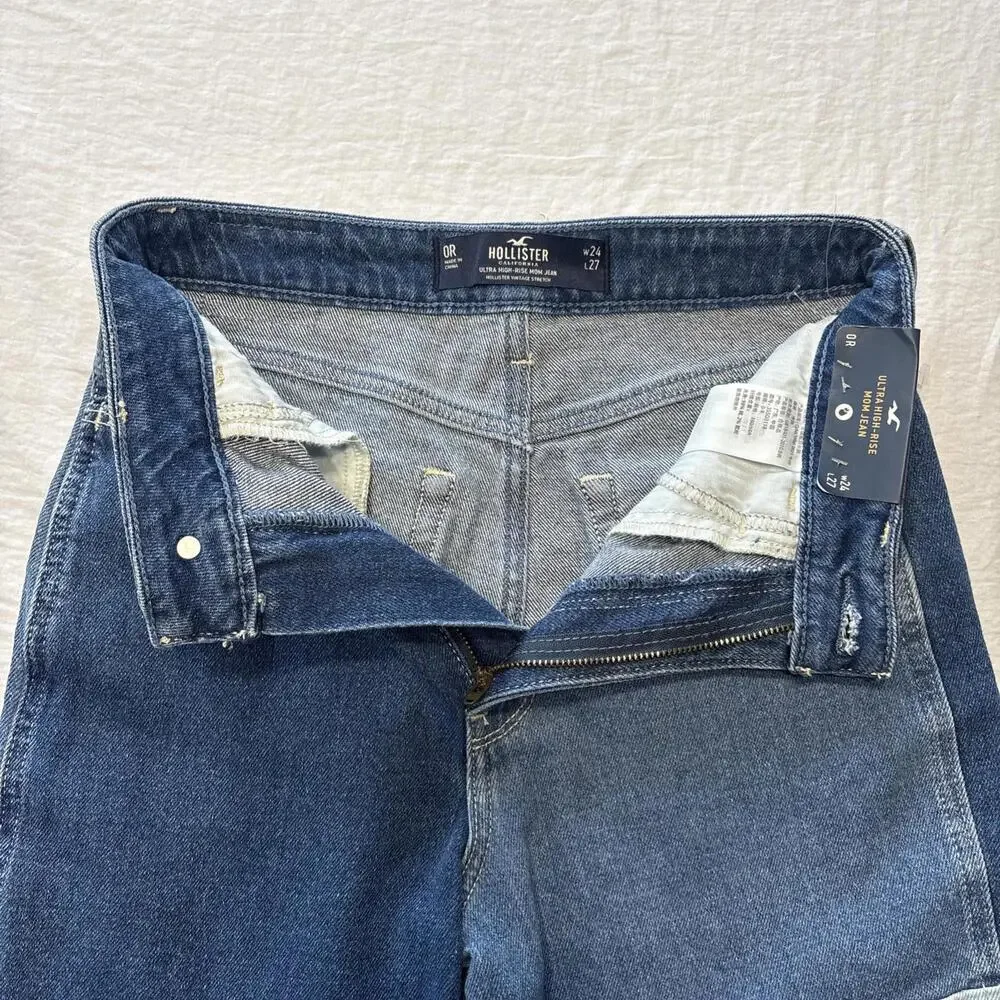 Hollister Patchwork Denim Ultra High-Rise Mom Jeans W24 Vintage Stretch Blue - Picture 7 of 7